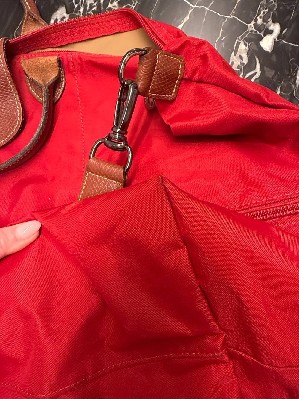 Longchamp Red Nylon Foldable Weekender with Brown Leather Trim - Picture 7 of 7